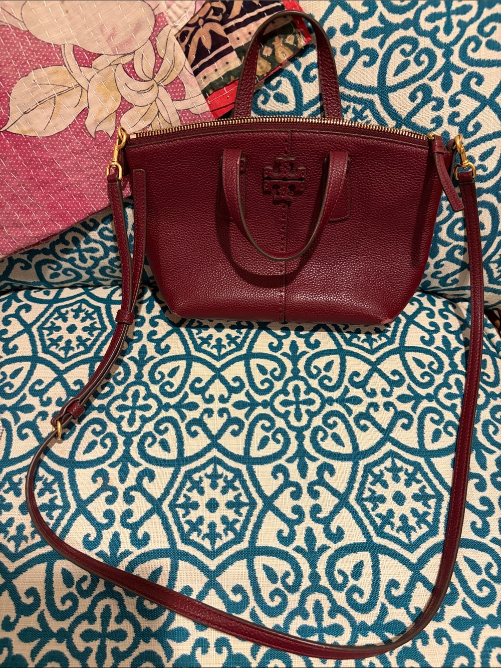 Tory Burch Wine/Burgundy Pebbled Leather Crossbody Tote
